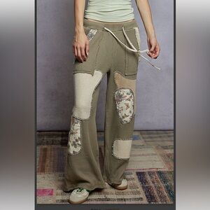 Women's Olive Patchwork Pants Relaxed Fit in Thermal Patch Detail